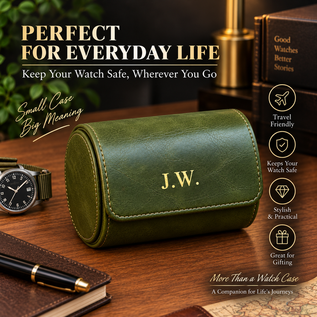 Personalized Green Double Watch Case, 2-Slot Travel Watch Holder, Custom Gold Foil, Gift for Him