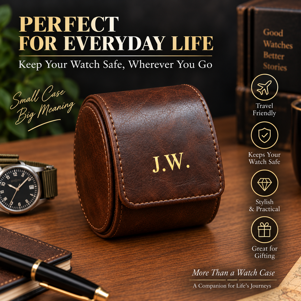 Personalized Brown Watch Case, 1-Slot Travel Watch Holder, Custom Gold Foil, Gift for Him