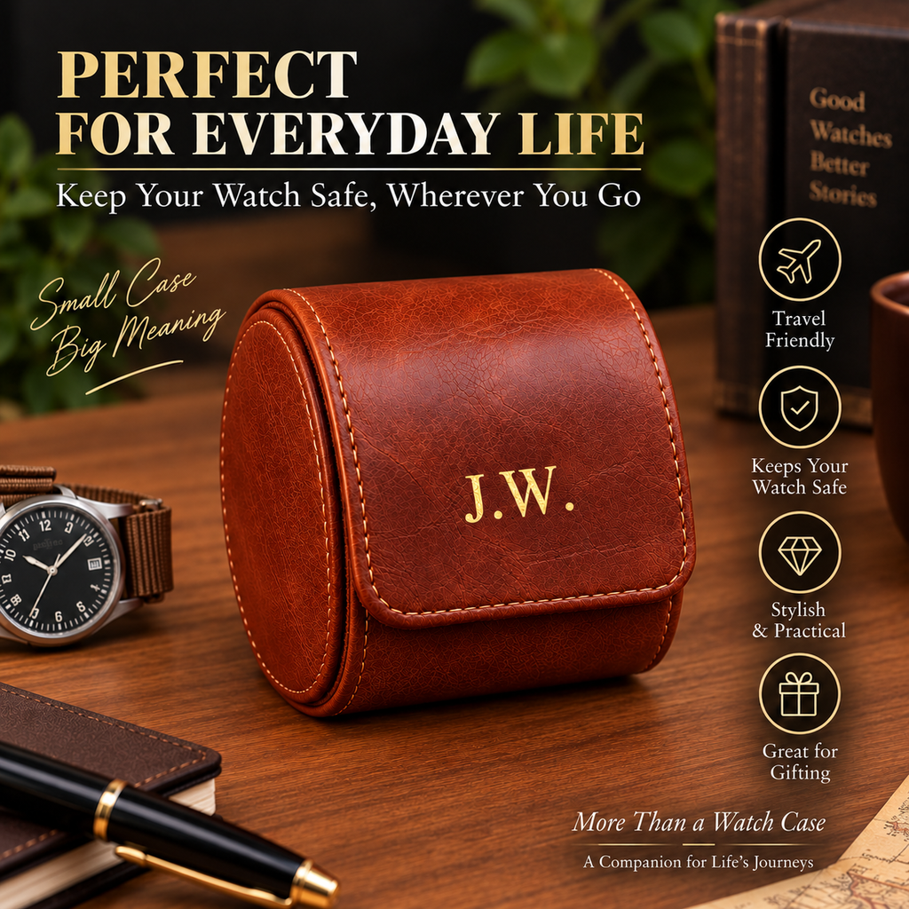 Personalized Reddish Brown Watch Case, 1-Slot Travel Watch Holder, Custom Gold Foil, Gift for Him
