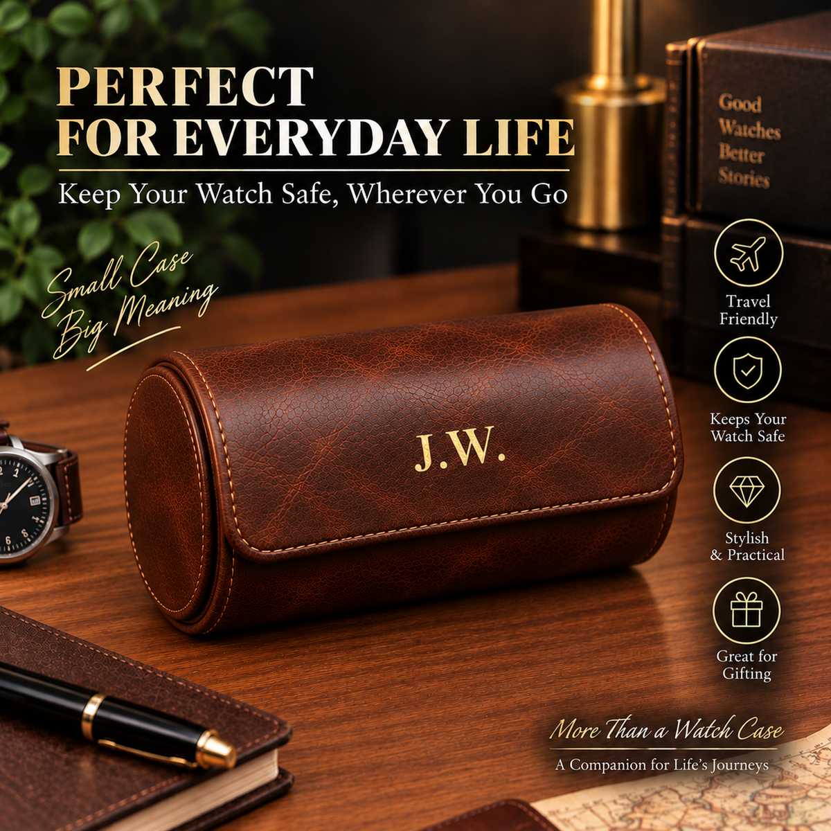Personalized Brown Double Watch Case, 2-Slot Travel Watch Holder, Custom Gold Foil, Gift for Him