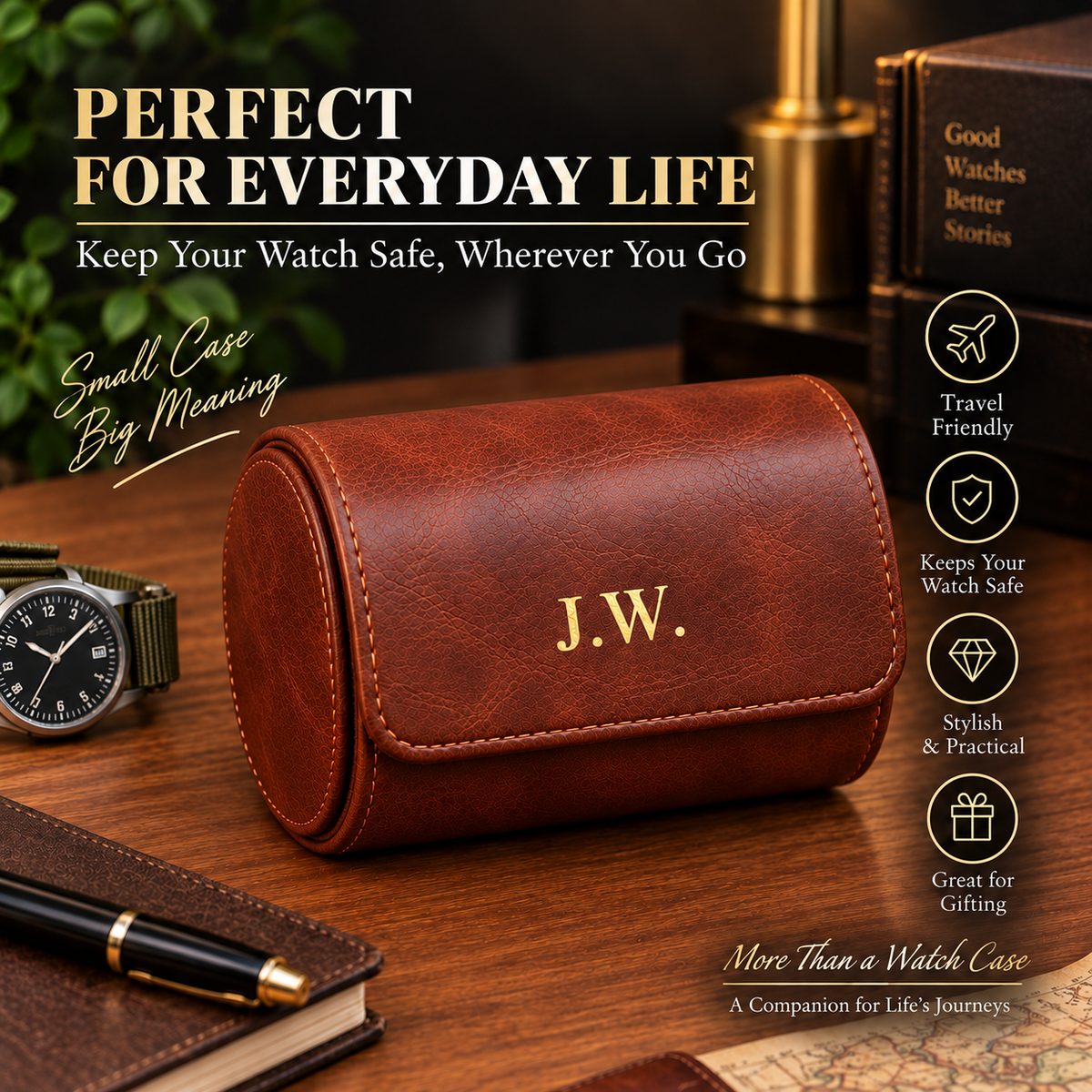 Personalized Reddish Brown Double Watch Case, 2-Slot Travel Watch Holder, Custom Gold Foil, Gift for Him